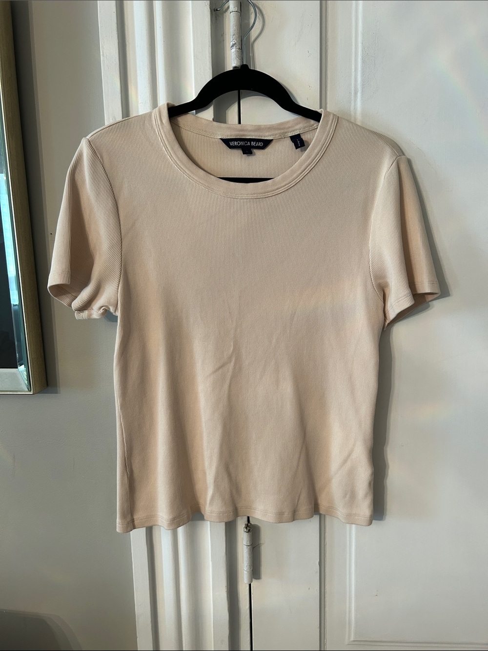 Veronica Beard Light Cream Ribbed Short Sleeve Tee